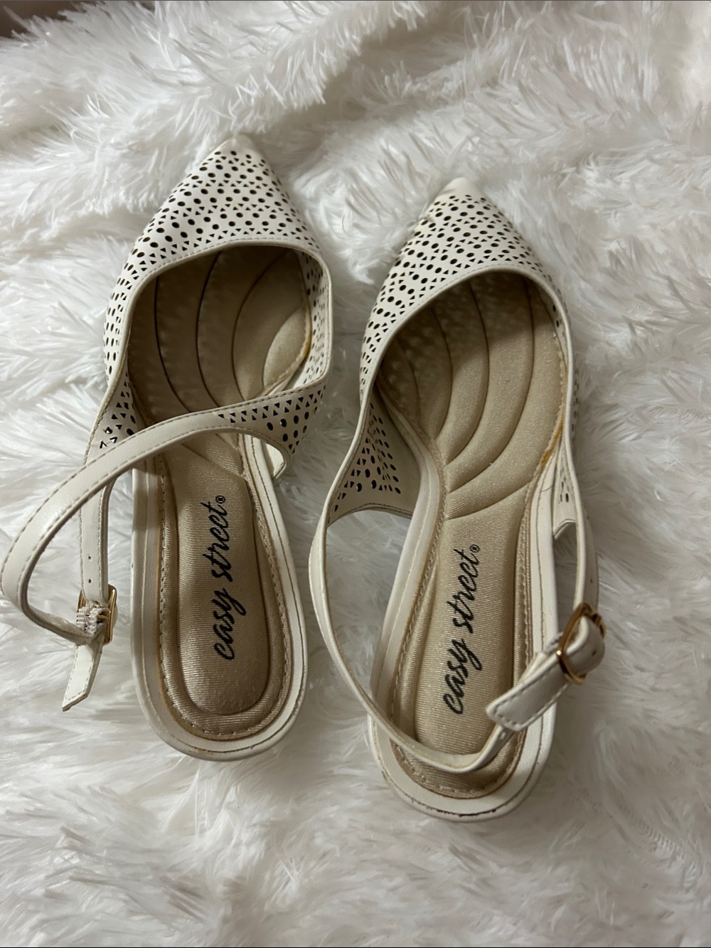 easy street Cream Perforated Pointed-Toe Slingback Flats
